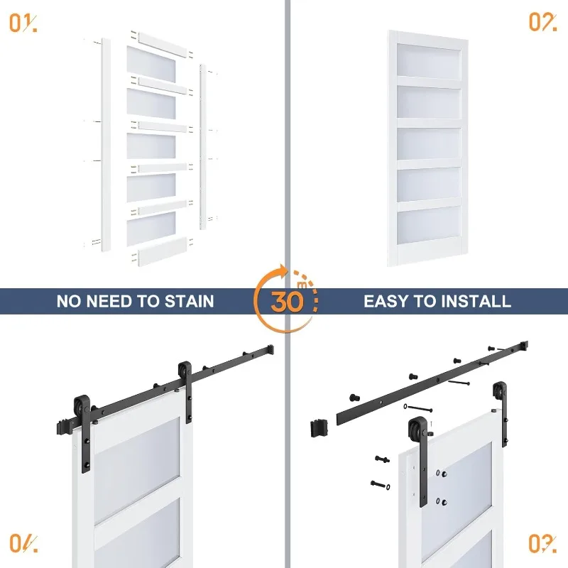 لوح باب الحظيرة الزجاجي المنزلق مقاس 32 × 80 بوصة ومجموعة أدوات بطول 5.5 قدم، 5 زجاج بلوري، لوحة خشبية LVL مغطاة بالماء الأبيض