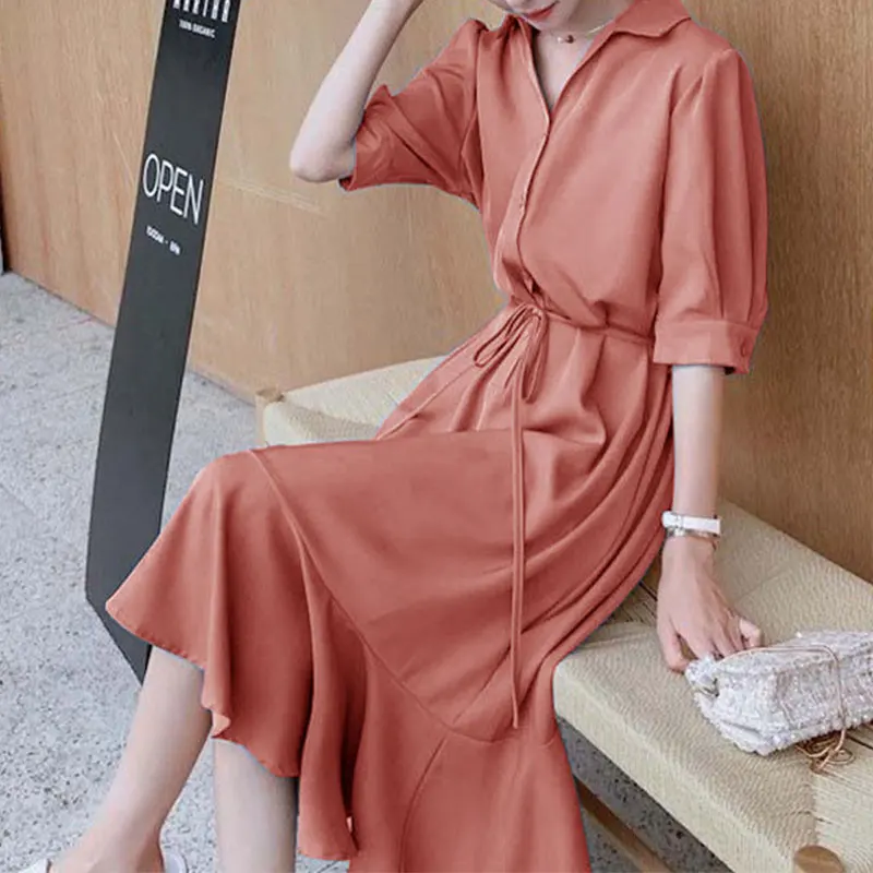 Women's Monochromatic Turn-down Collar Half Dresses, Casual Clothes, Temperament, Office Lady, Simple Lacing, Summer Fashion