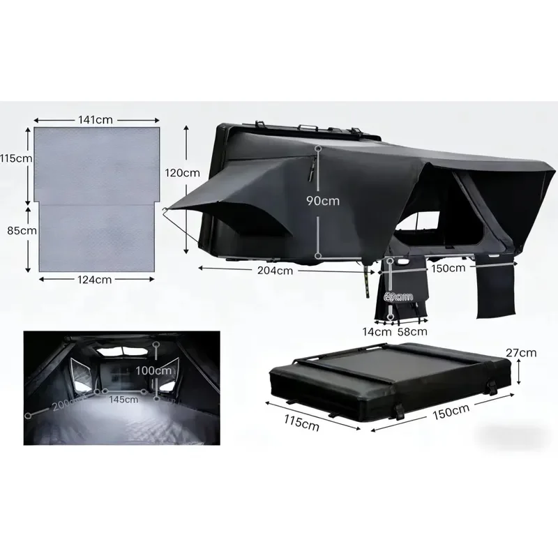 Quick Setup Waterproof Side Open Clamshell 4 Hard Shell Double Layer Canvas Four-season One Bedroom Rooftop Tent 3-4 Person