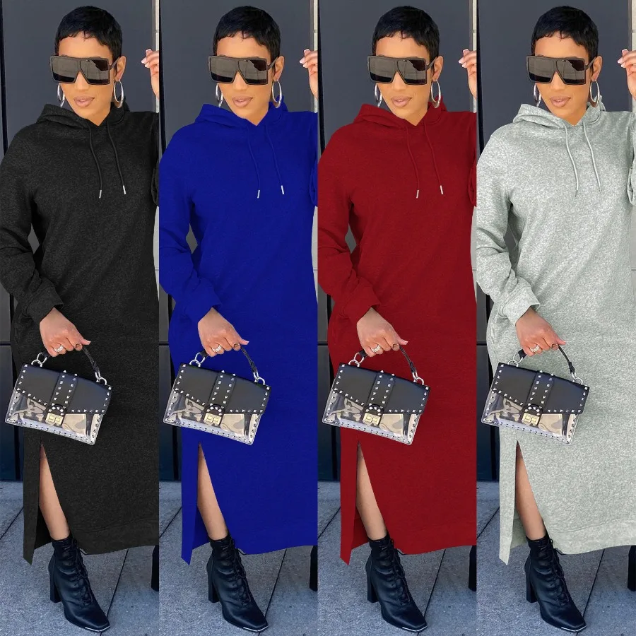 

【New style】10064 women's clothing fashionable casual solid color hooded sweater solid color dress