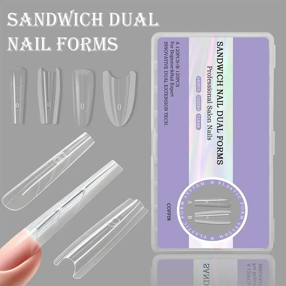 

240PCS Sandwich Clear Dual Nail Form Set Full Coverage Extension Nail Trapezoidal & Ellipse Shape No Need Build Manicure Tool