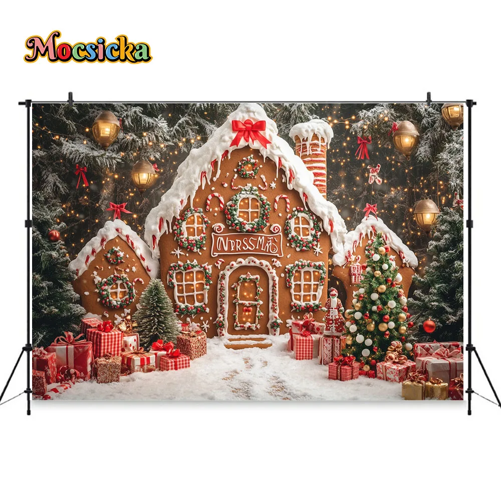 Snowy Gingerbread House Photography Background Glitter Xmas Tree Lantern Gift Backdrop Booth Kid Winter Birthday Portrait Studio