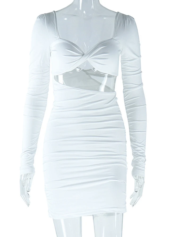 Beyprern ​Women's White Cutout Long Sleeve Ruched Bodycon Dress Sexy Solid Hollow Out Backless Night Clubwear Outfits