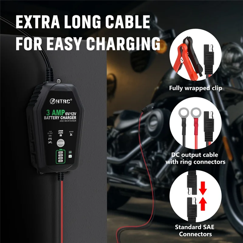 New-HTRC 6V 12V 3A Fully Automatic Smart Pulse Battery Repair Charger For Car Motorcycle Lithium Lifepo4 Lead-Acid Battery