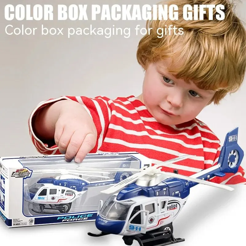 نموذج لعبة هليكوبتر شرطة مصنوعة من خليط معدني بمقياس 1:64 مع تأثيرات صوتية وصوتية وإضاءة قديمة - مثالية للعب الخيالي للأطفال