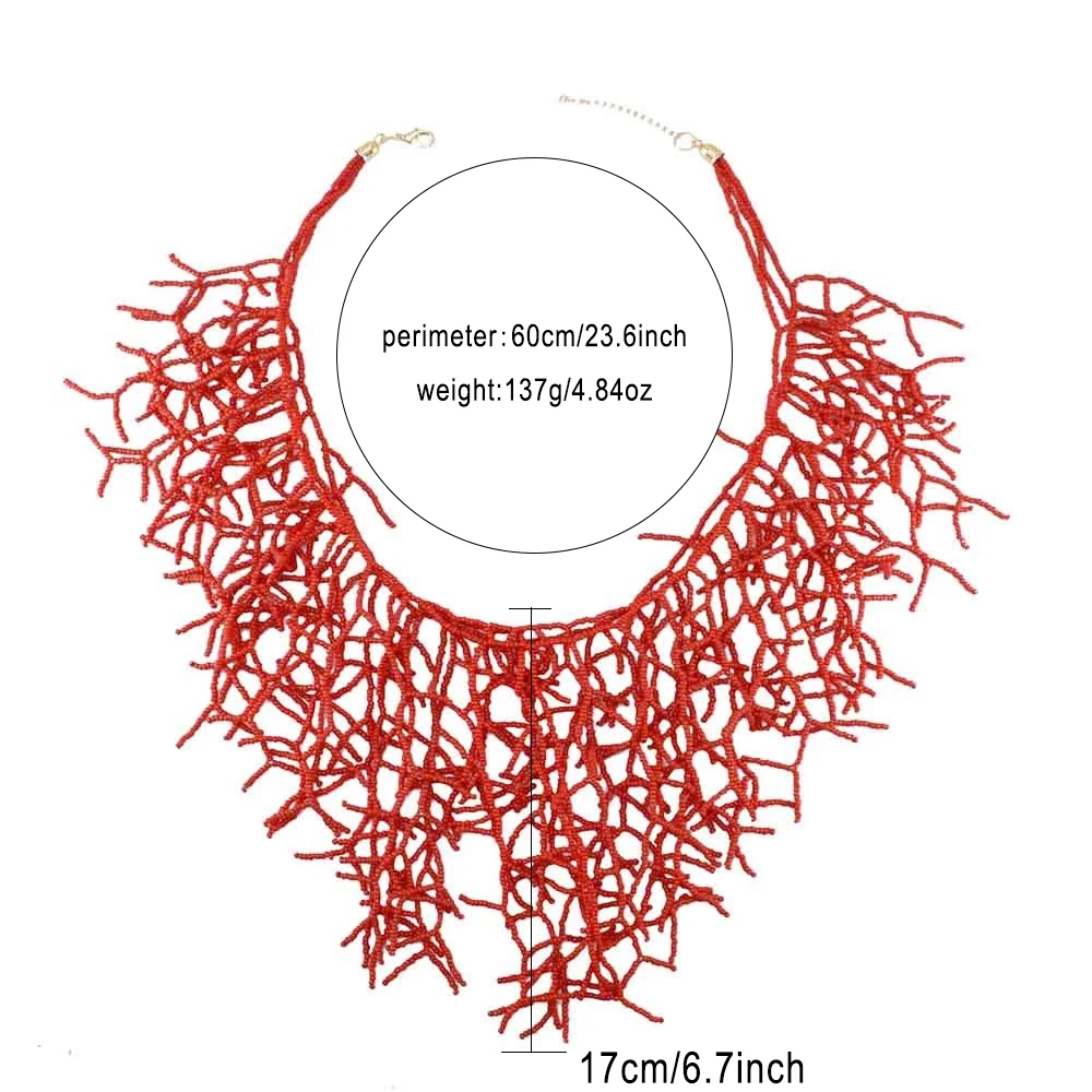 Unique ZA Large Faux Red Coral Necklace for Women Long Handmade Acrylic Beads Tassel Chokers Necklaces Elegant Collar Jewelry