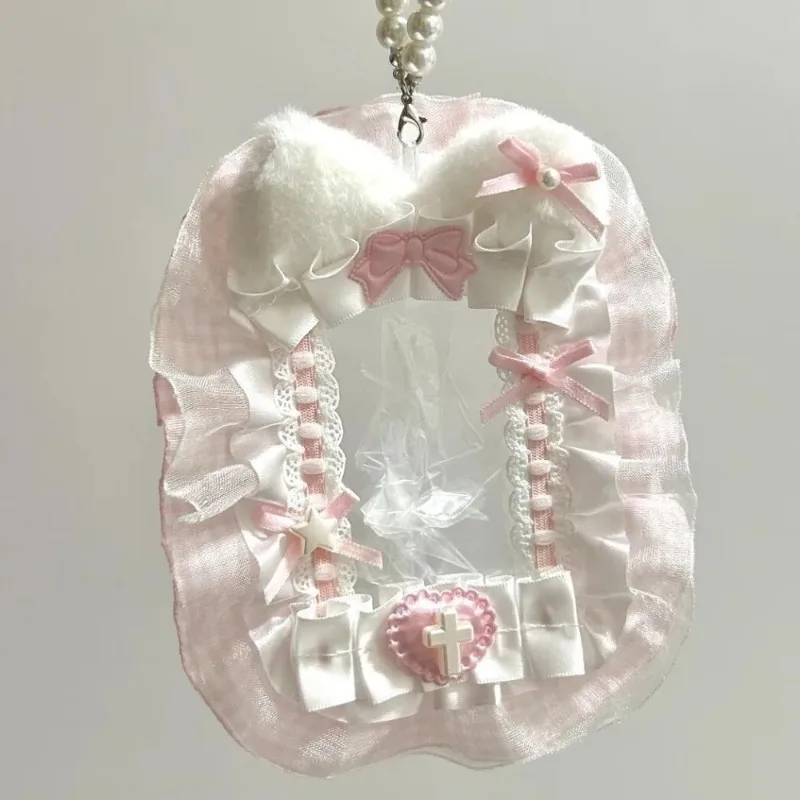 Sweet DIY Plush Card Holder with Ribbon Anime Lace Photocard Case Lolita Idol Display Photo Protector Case Card image 4