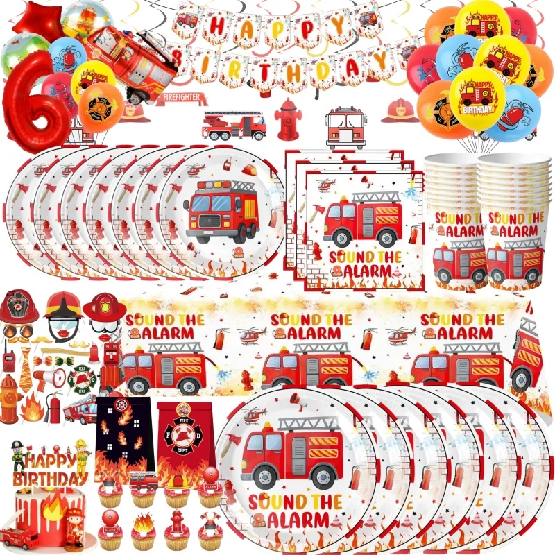Feuerwehr-Party-Set: Teller, Becher, Servietten, Einweggeschirr, Flaggen, Banner, Geburtstagsdekoration, Feuerwehrmann-Partyballons, Kuchendekoration