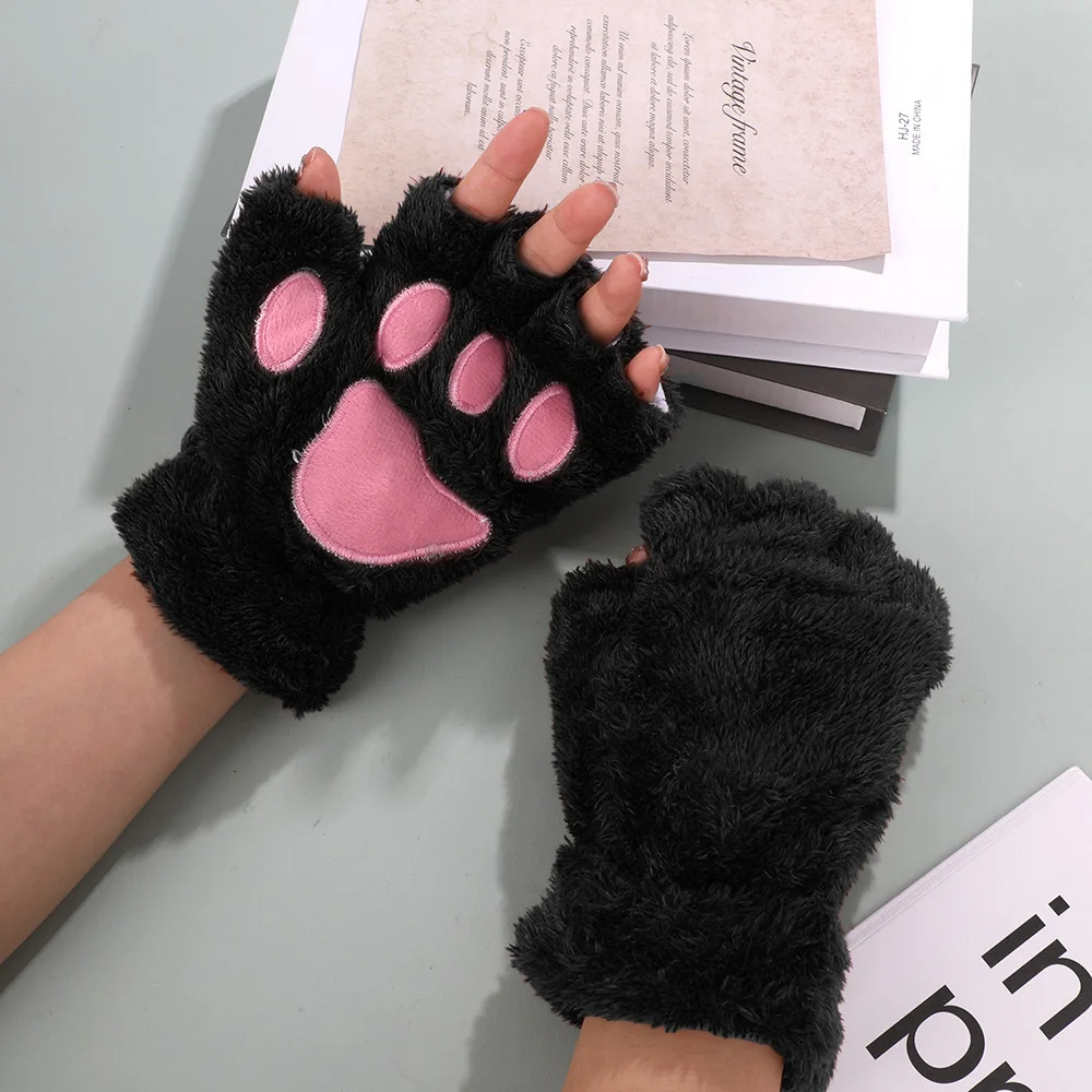 2023 Cute Bear Paw Women Gloves Korean Cat Claw Paw Plush Mittens Warm Half Finger Winter Gloves Christmas Halloween Girls Gift