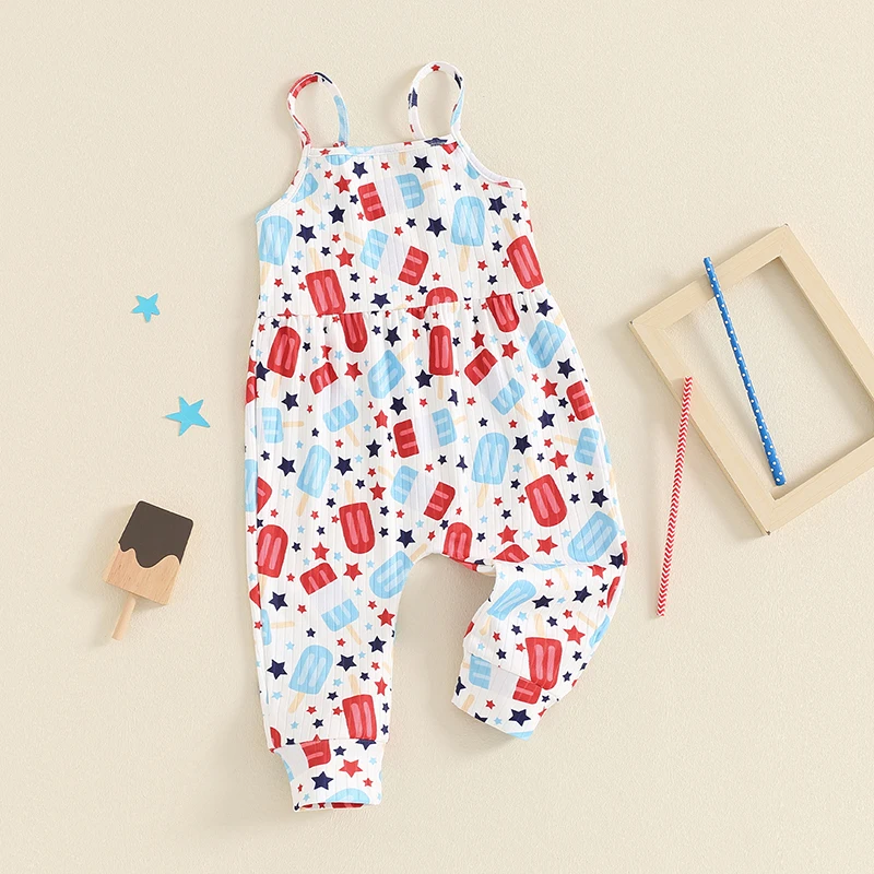 Toddler Girls Independence Day Jumpsuit Sleeveless Stars Popsicle Print Casual Romper