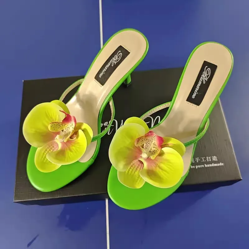 Round Toe Thin Heel Orchid Decor Flipflops for Women Summer Outside Hight Heels Slingback Pumps Ladies Flip-Toe Slippers Sandals