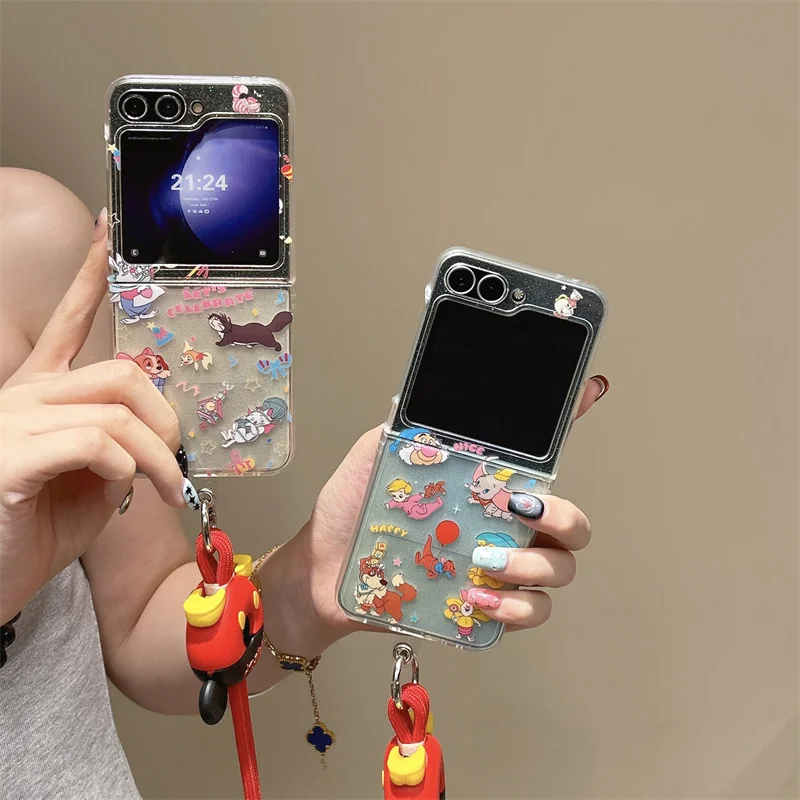 

Cute Cartoon Animal Phone Case For Samsung Galaxy Z Flip 7 6 5 ZFlip7 ZFlip6 Back Cover with Lanyard Strap Hard Cases