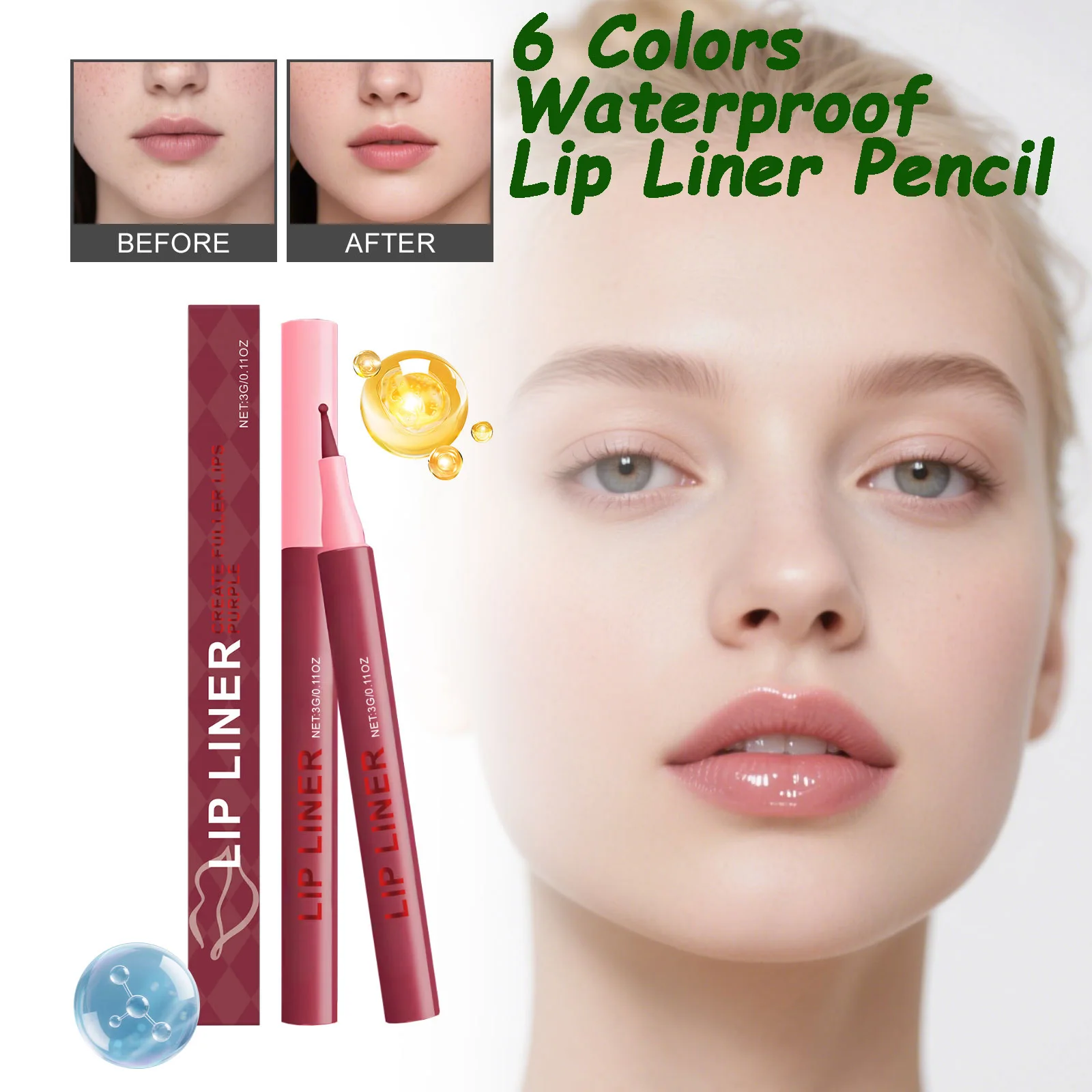 قلم تحديد الشفاه غير اللامع المقاوم للماء يدوم طويلاً ومقاوم للتلطخ، قلم تحديد الشفاه المصطبغ للغاية، مكياج كنتوري مرطب 6 ألوان