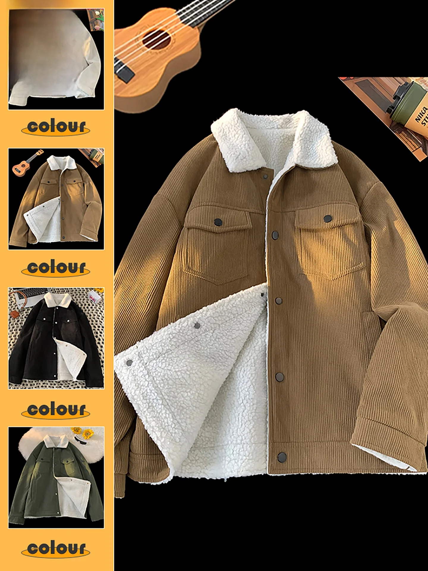 

Thiened Lamb Velvet Jaet Men's Youth Couple Cotton Clothes Autumn Winter Warm Corduroy Collar Cotton Coat Zipper Closure