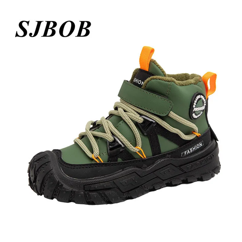 

Hot Sale Green Hiking Shoes Boys Size 27-38 Plush Warmed Snow Boots Boy Comfy Anti-Slip Trekking Sneakers For Kids Sports Shoes