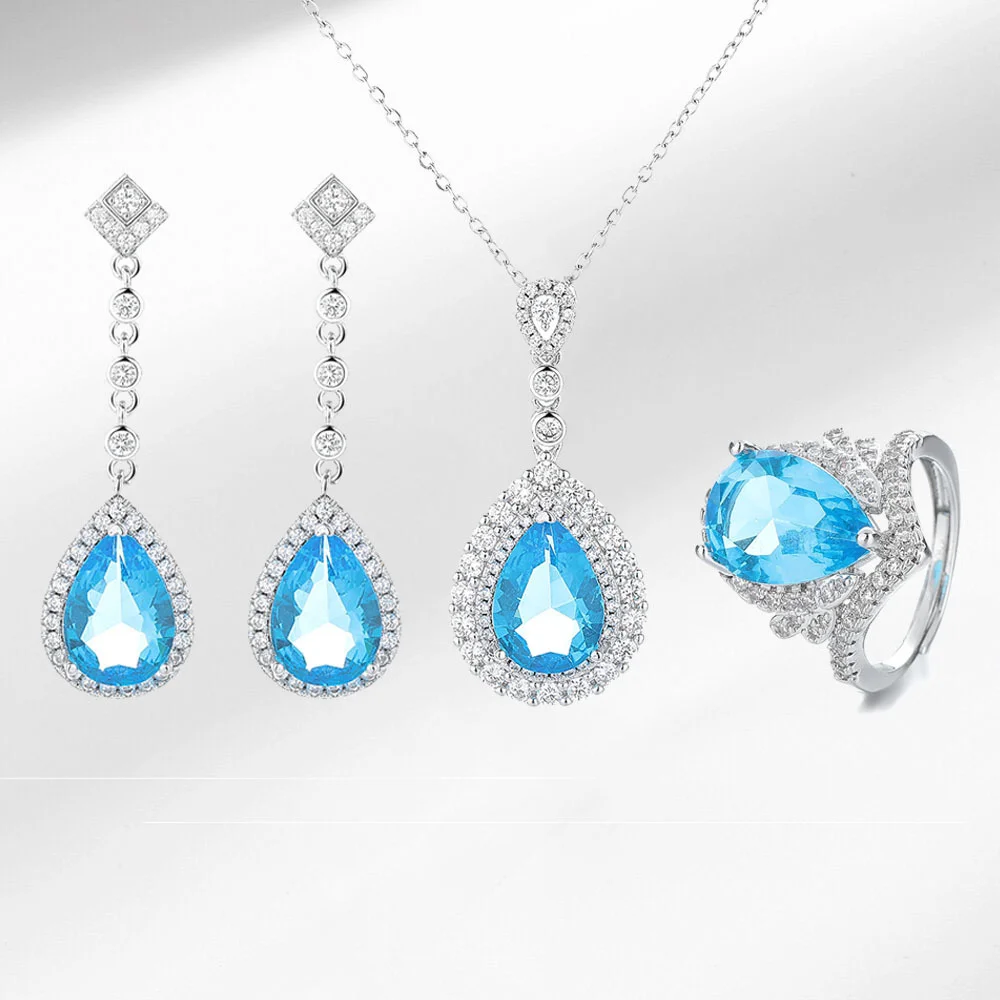 

925 Sterling Silver Clear Fashion Sea Blue Zircon Ring Necklace Earrings Set Birthday Anniversary Party Gift