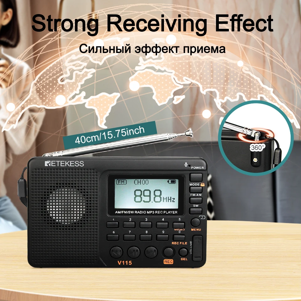 RETEKESS V115 Radio FM AM SW Portable Radios AM FM Rechargeable Shortwave Radio Battery Powered Full Waves USB Recorder Speaker