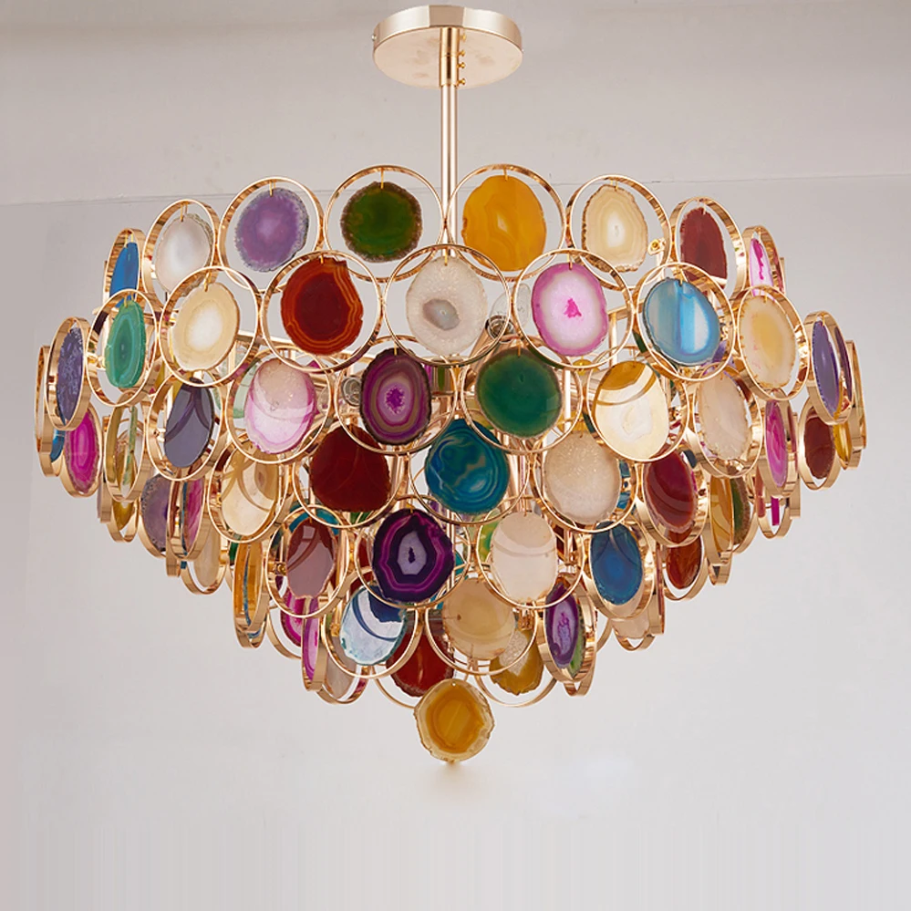 Multicolor Agate Iron Postmodern Chandelier LED E14 Suspension Luminaire Lampen Lighting for Dining Room Modern Home Decoration