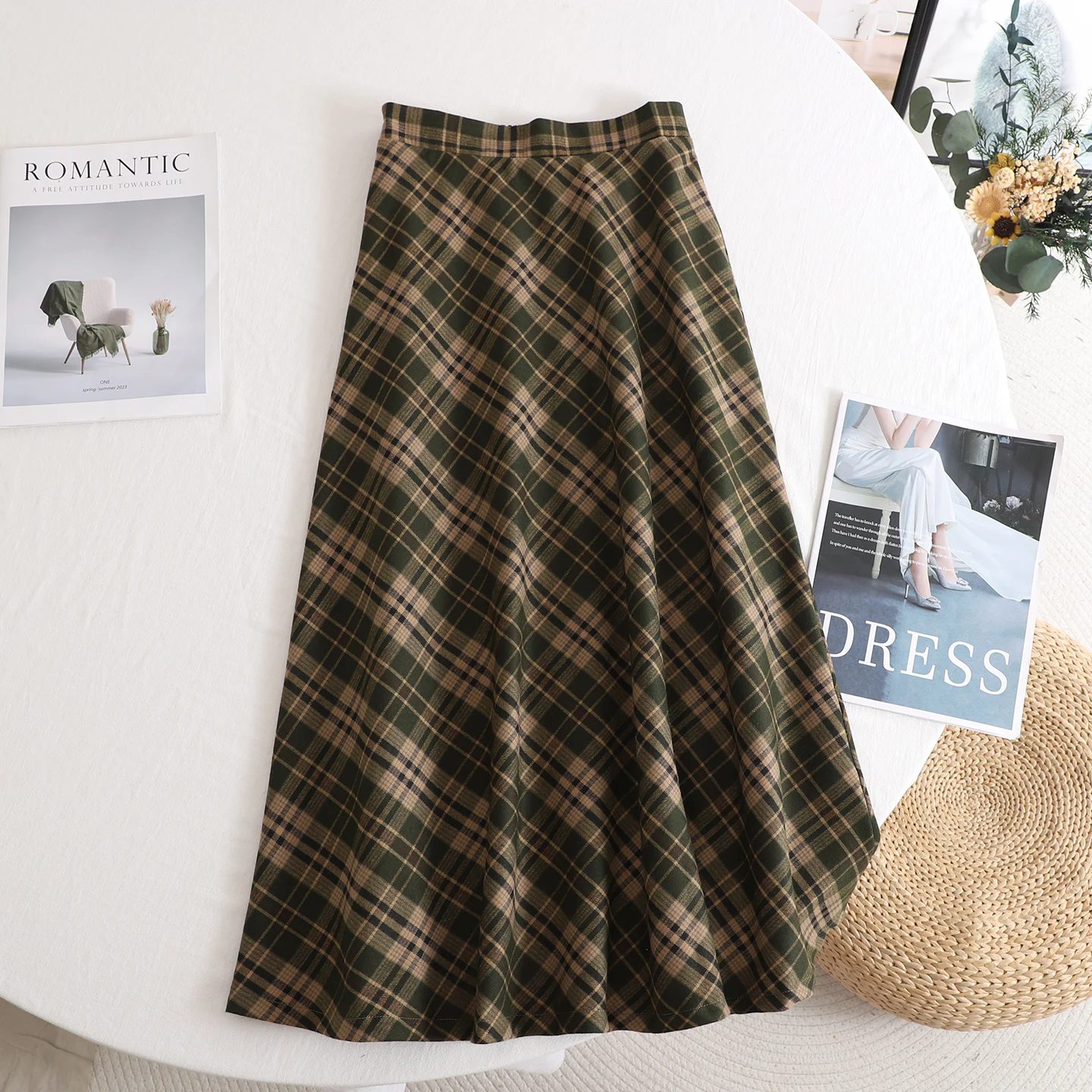 Francês retro xadrez verde a linha saia feminina elegante harajuku preppy cintura alta cabido meados de comprimento queimado guarda-chuva saia outono