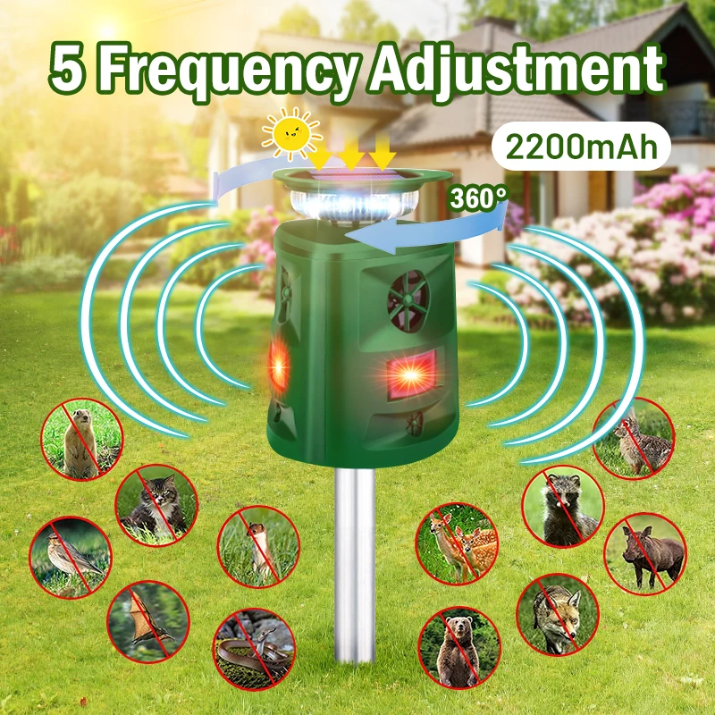360° Ultrasonic Solar Animal Repellent with LED Flashing Light Animal Scarer Device for Repelente Palomas Bird Cat Mouse Boar