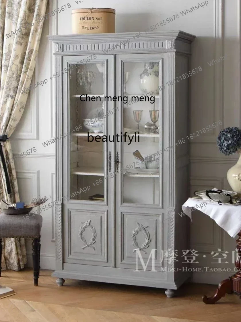 D178 Y American solid wood wine cabinet French bookcase for old dining edge oak storage decoration display cabinet