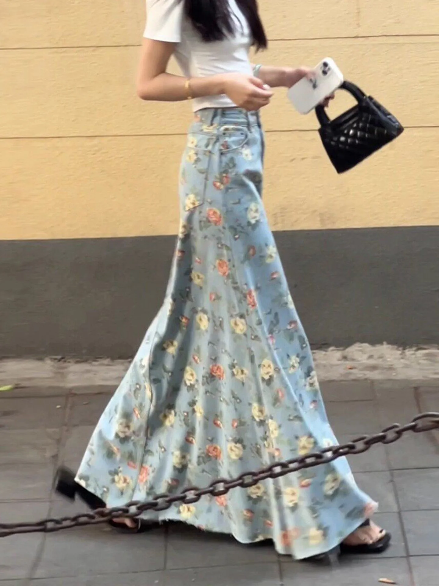 

High Waist American Retro Slim Fit Denim A-Line Skirt Women's Summer New Print Long Skirt Casual Pure Color Leather