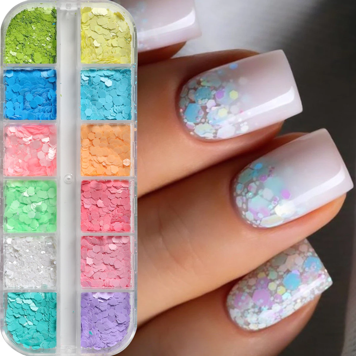 12 Grids Mermaid Hexagon Nail Art Glitter Sequins Candy Color Holographic Spangles Sparkly Flakes Paillette Dopamine Charm Decor
