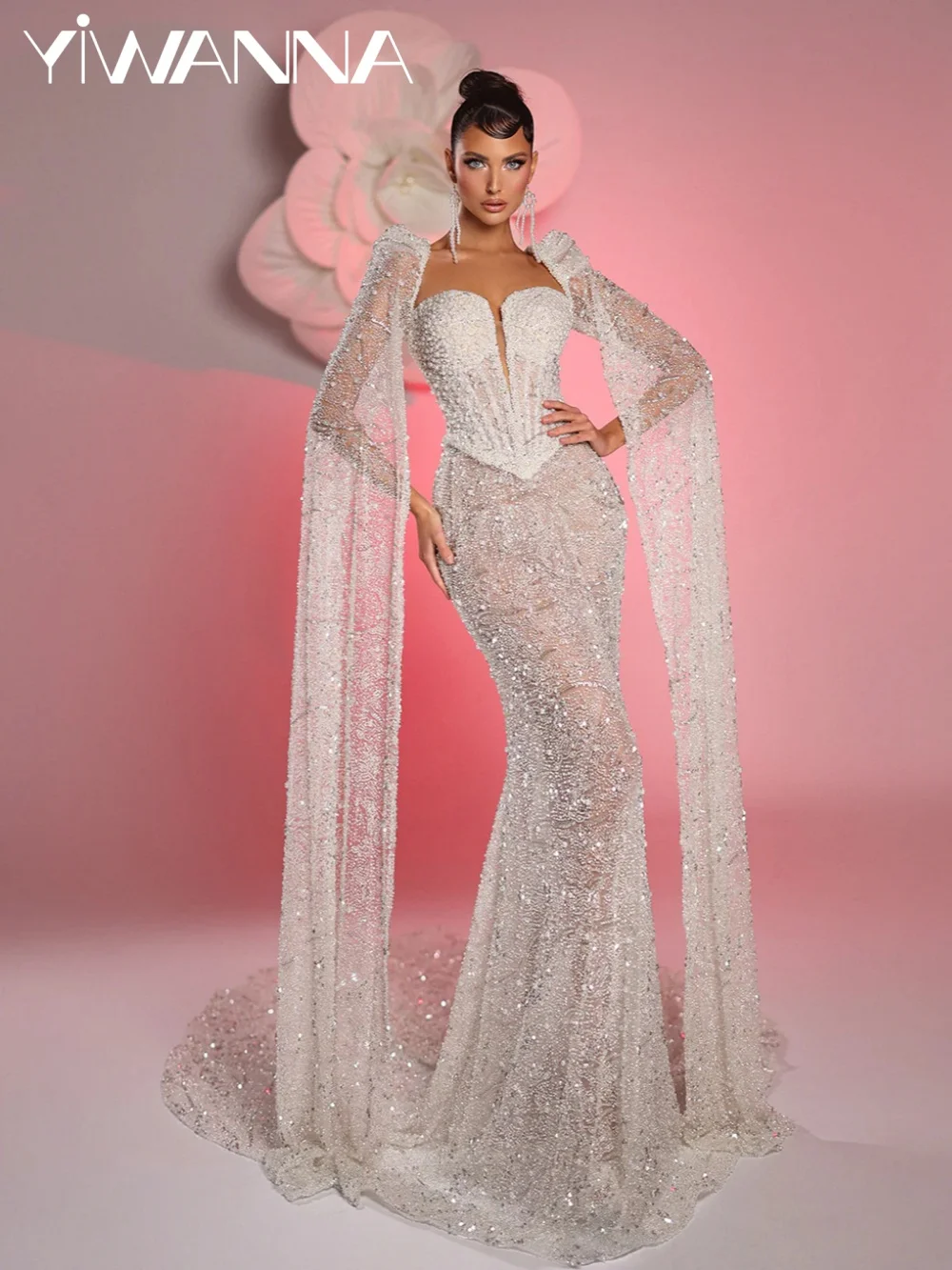 

Opulent Embroidery Illusion Wedding Dress Captivating Cape Sleeve Bridal Gown Customized Floor-length Mermaid Dresses For Bride