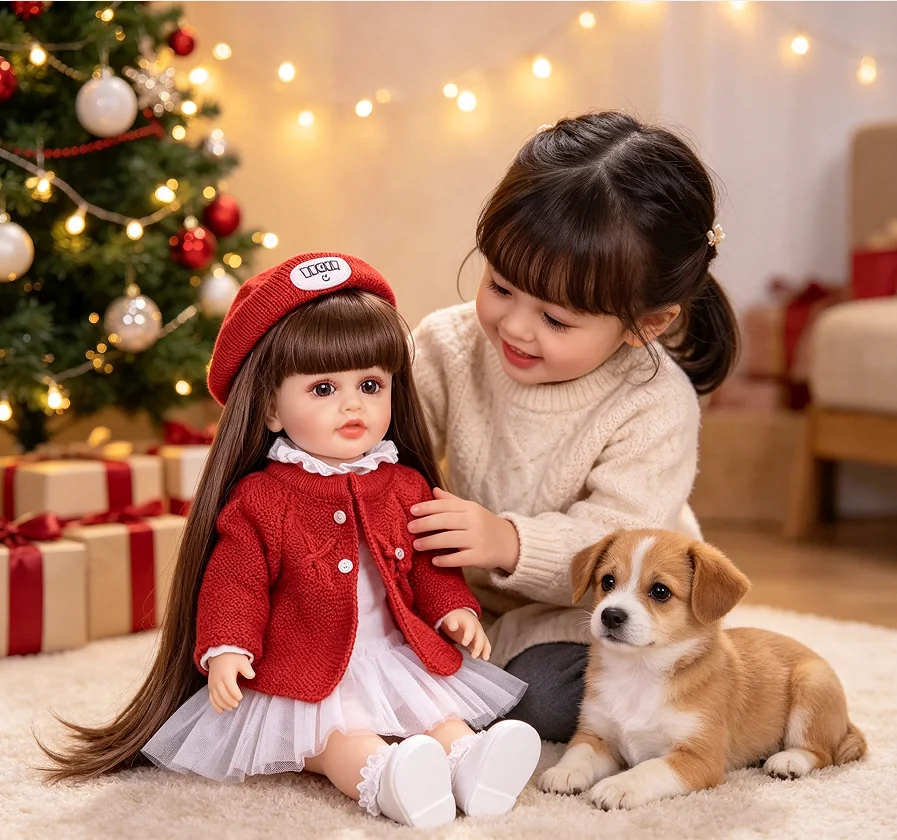 KEIUMI 22 Inch Bebe Reborn Doll Silicone Vinyl Girl Body Painted Skin Washable Soft Touch Red Suit Dress Christmas Gift