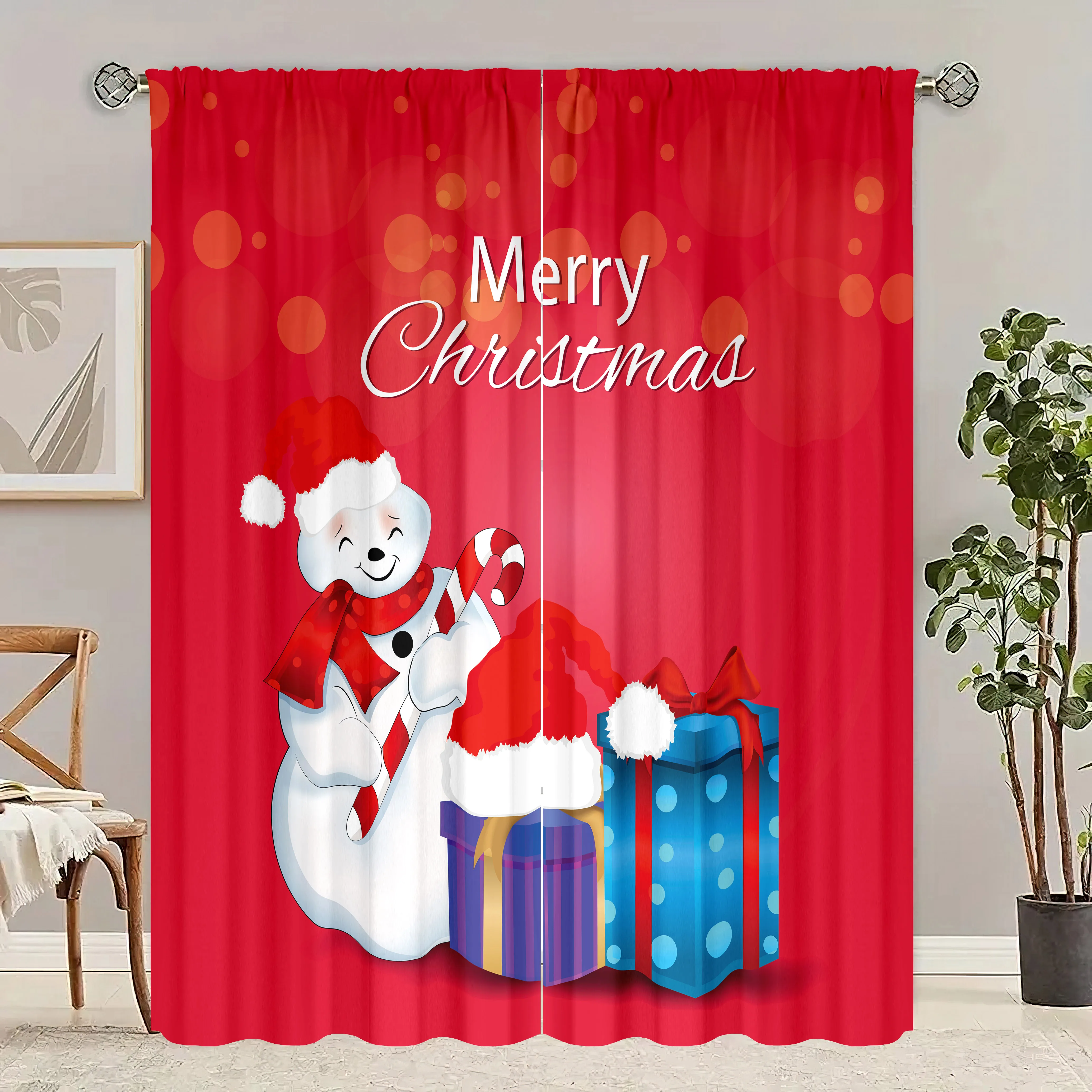 

2 pieces- of winter decoration snowman print curtain - polyester material, suitable for bedroom, living room, study