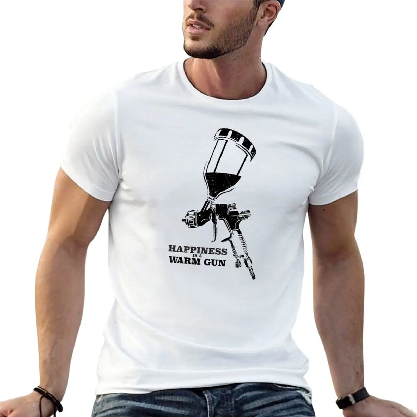 

Happiness is a warm gun (black) T-shirt quick drying Short sleeve tee cute tops vintage clothes plain white t shirts men