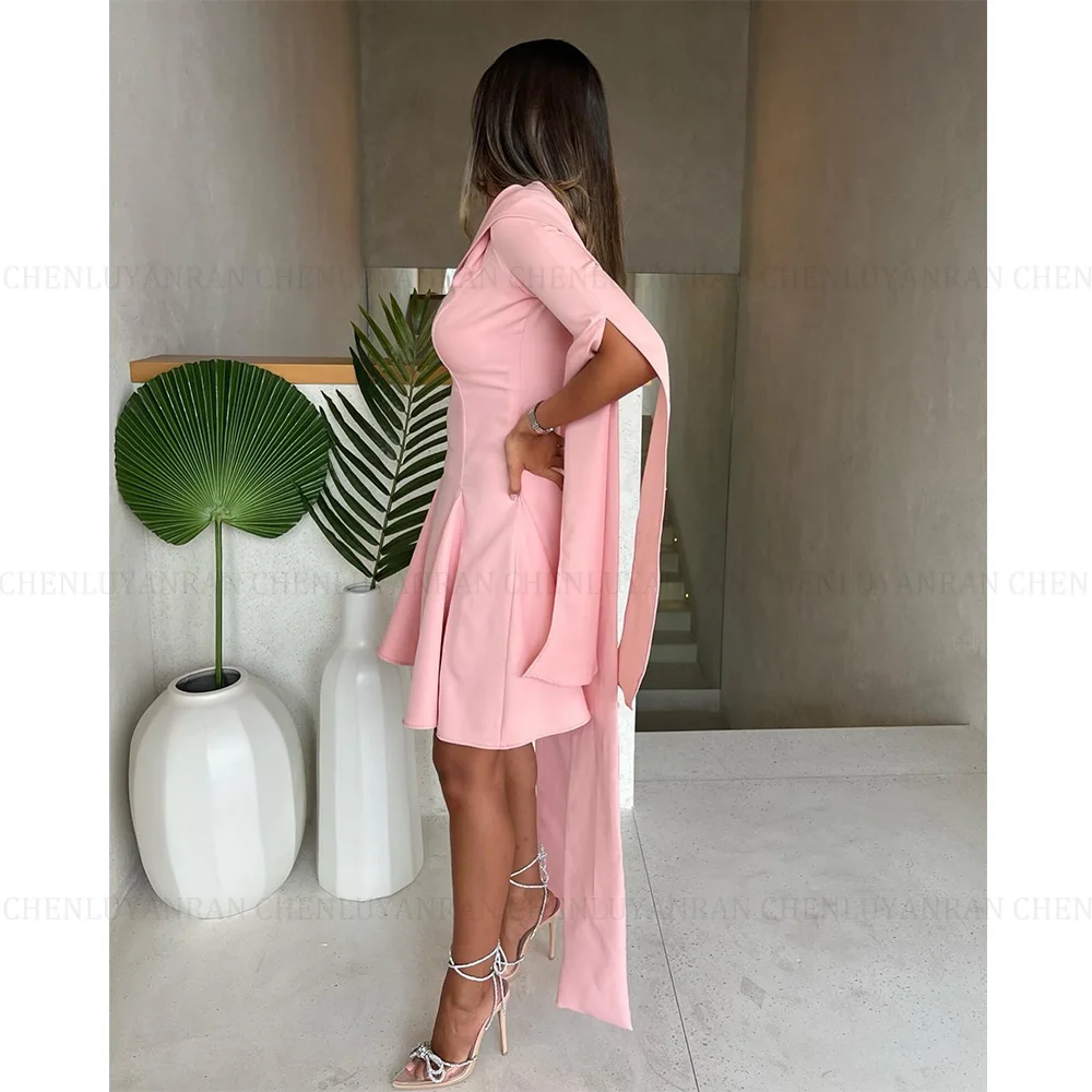 MOLISA Pink Short A Line V-Neck Party Dresses Long Sleeves Saudi Arabia Prom Dress Knee-Length High Quality Evening Gowns