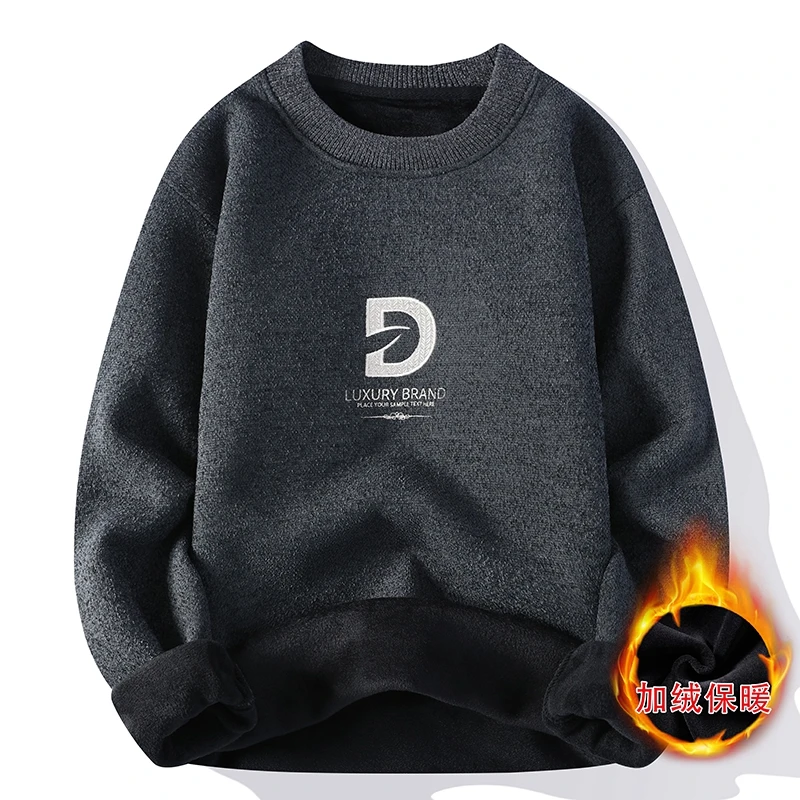 Men's Autumn/winter Fleece and Heavy Sweater, Round Neck, Long Sleeve Letter Print Knit Jumper