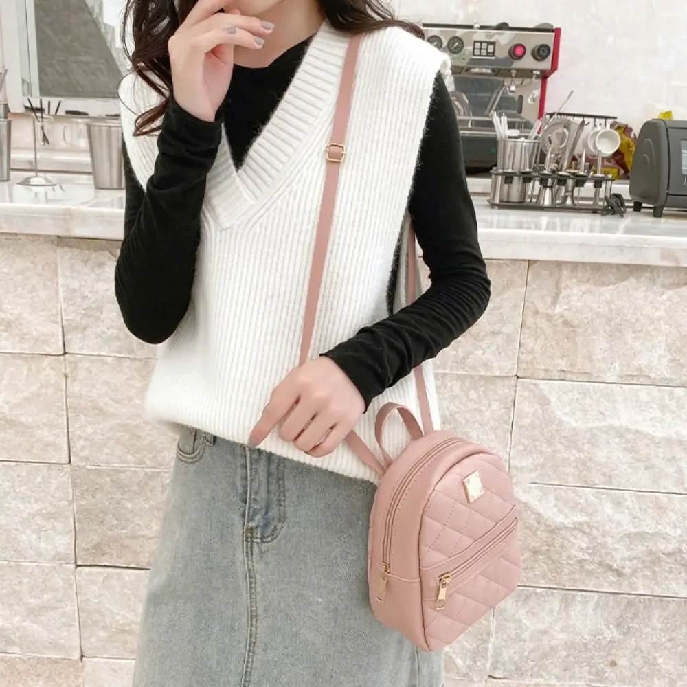Lingge Embroidery Mini Small Backpack Solid Color PU Leather Women Shoulder Bag Zipper Large Capacity Travel Rucksack