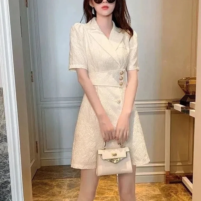 Summer New Elegant Fashion Turn Down Collar Buttons Waist Suit Dress Ladies Temperament Evening Party Short Sleeve Robe Vestidos