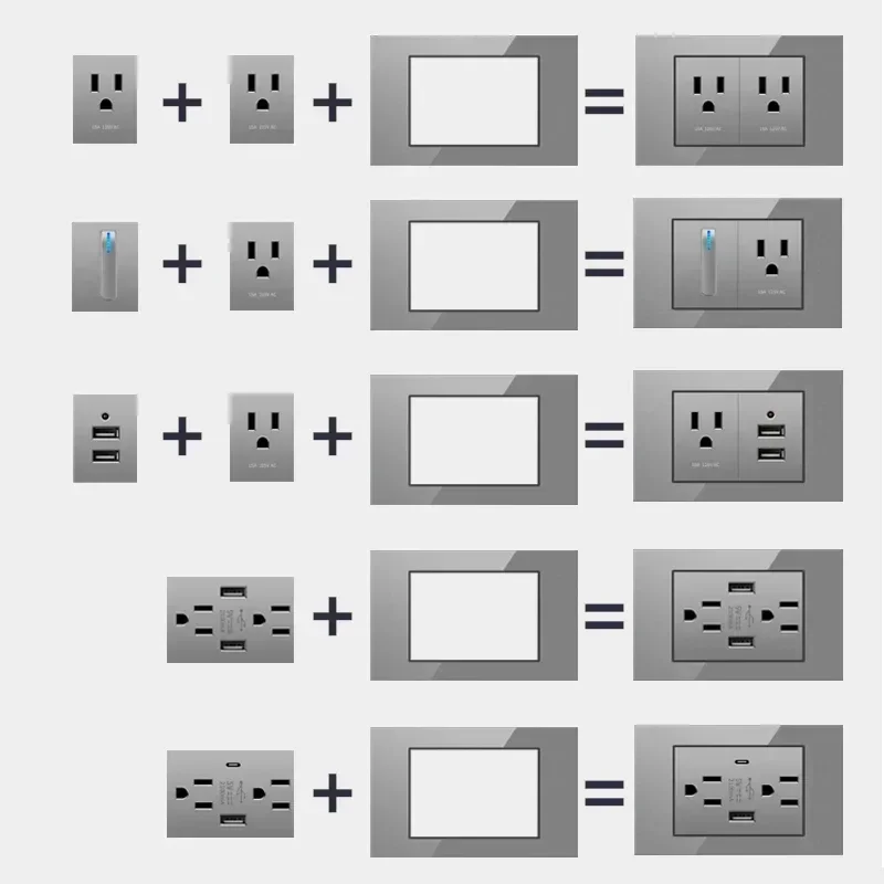 American Standard USB Wall Socket with 5V 2.1A USB Type-c Charger Plug,US Mexico Tempered Glass Piano Light Switch Power Outlet