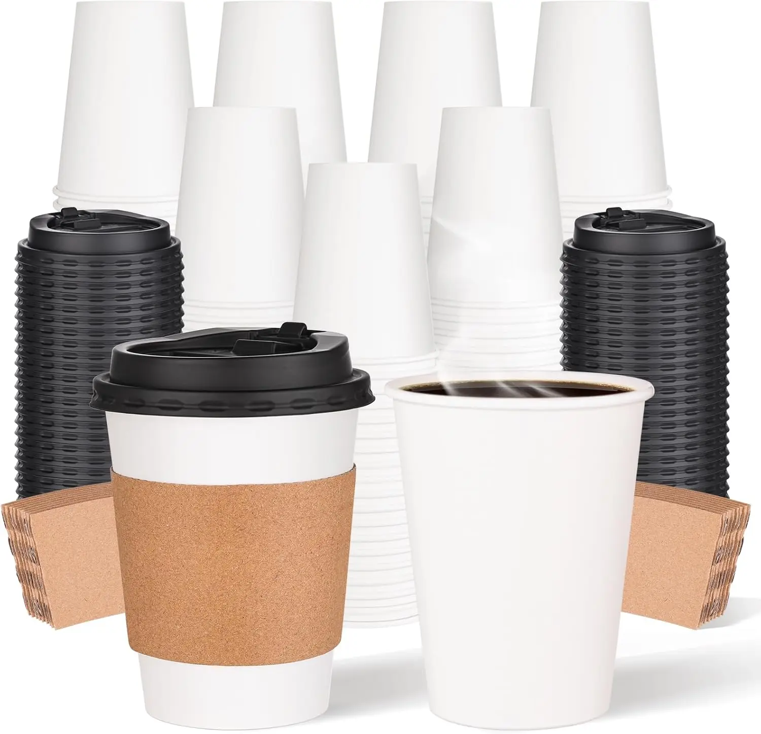 

100 Pack 12oz Disposable Paper Coffee Cups with Lids & Sleeves, To Go Hot Coffee Cups for Tea Cocoa Chocolate Juice, Hot