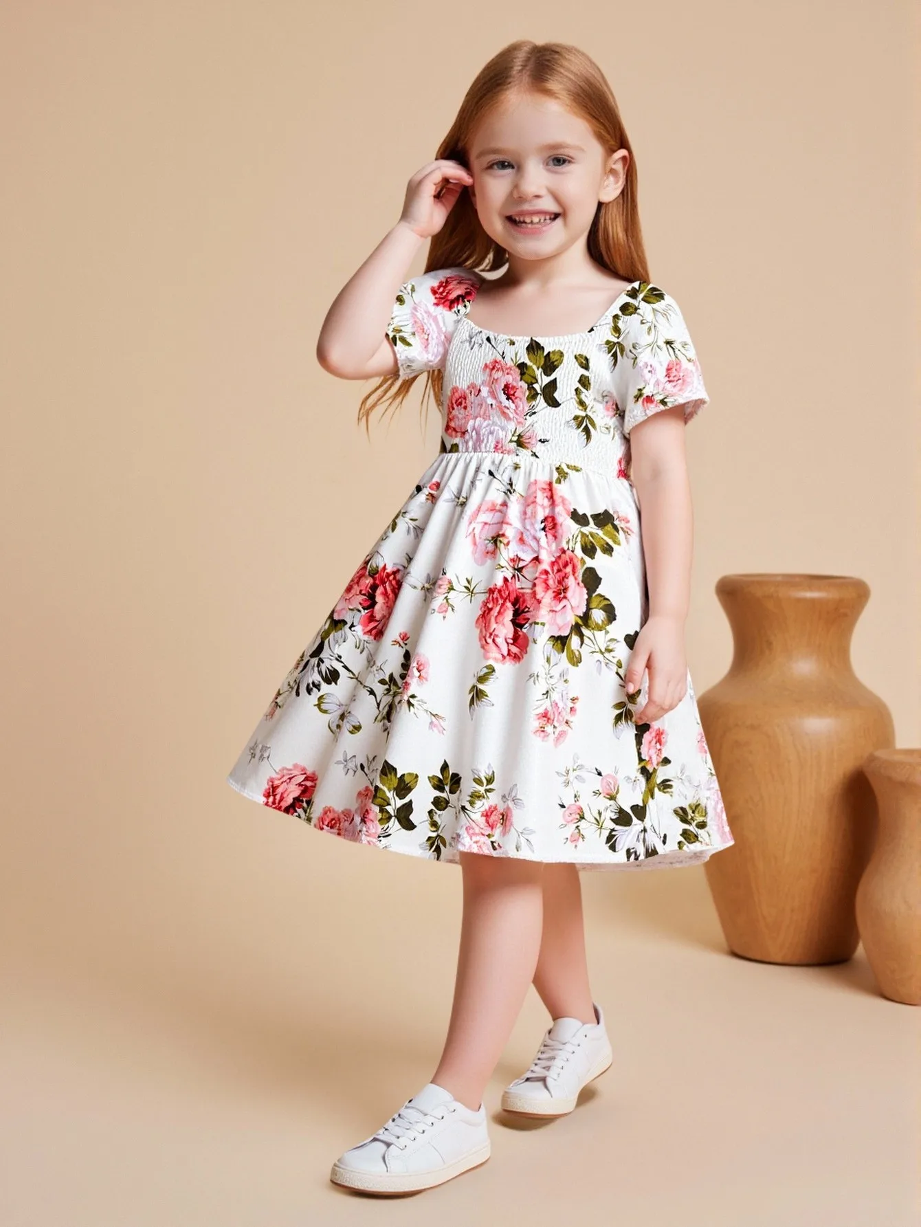 Girls and Boys Fashion Casual Short-Sleeved Dress with Floral Pattern and Square Neckline for Ages 6-12; Daily Outfit.