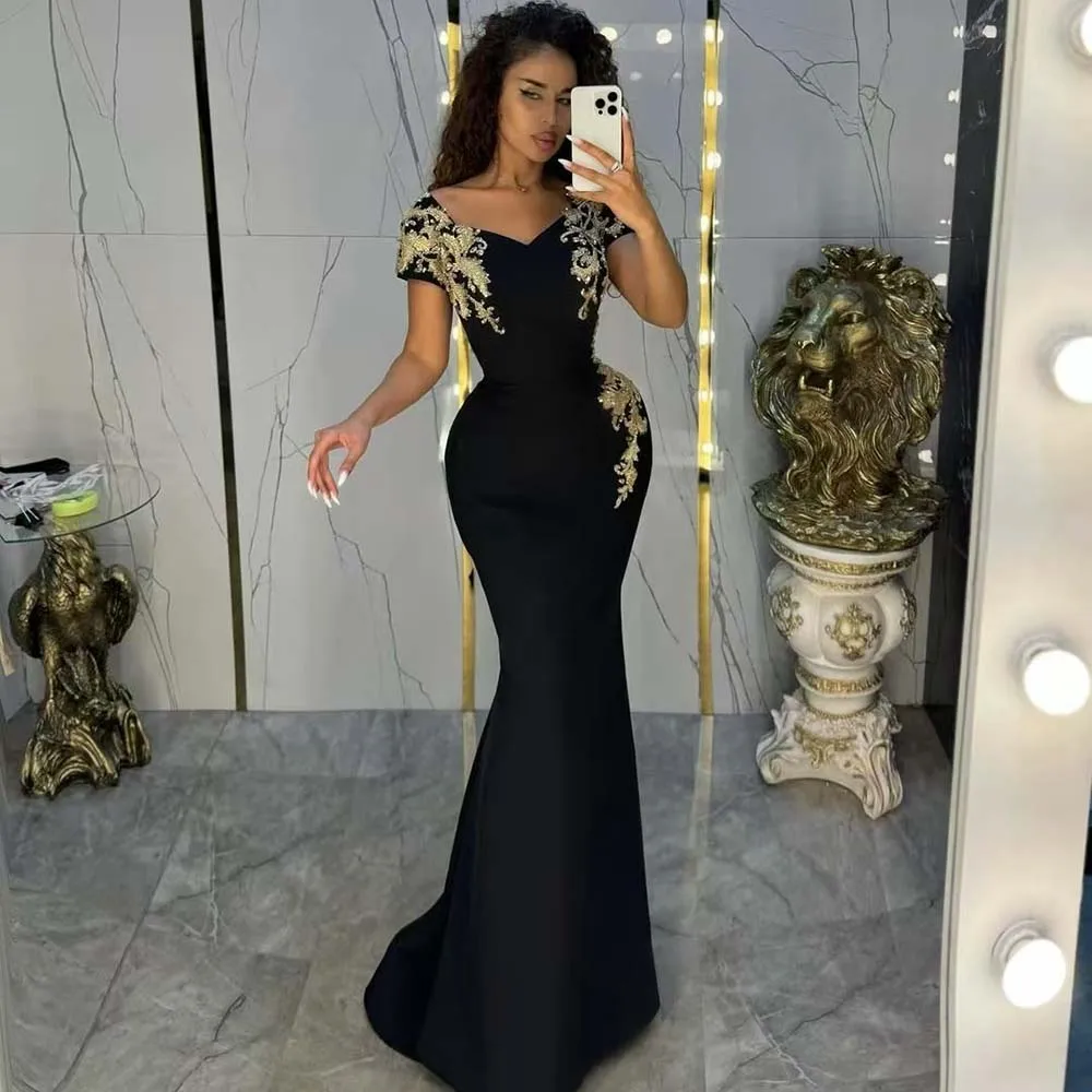 Vestidos de Noche con apliques de corazón, Vestidos de cola de capilla de manga corta para ocasiones formales, vestido de fiesta elegante para mujer, Vestidos 2025