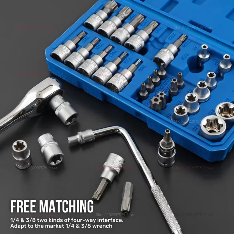 34Pcs Torx Star Sockets and Bit Set E-Security Male Female Drive Handheld Torque Tools for Garage Automotive Repair and DIY