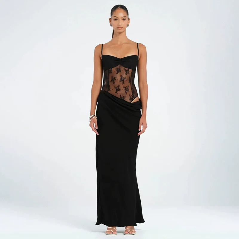 Robe noire sans manches, dos nu, dentelle florale, Sexy, maille ajourée, transparente, col en v, moulante, robe de soirée, 2025
