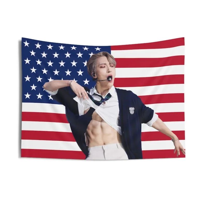 ATEEZ Seonghwa Abs USA Flag Banner Wall Tapestry Kpop Tour Merch Home Decor