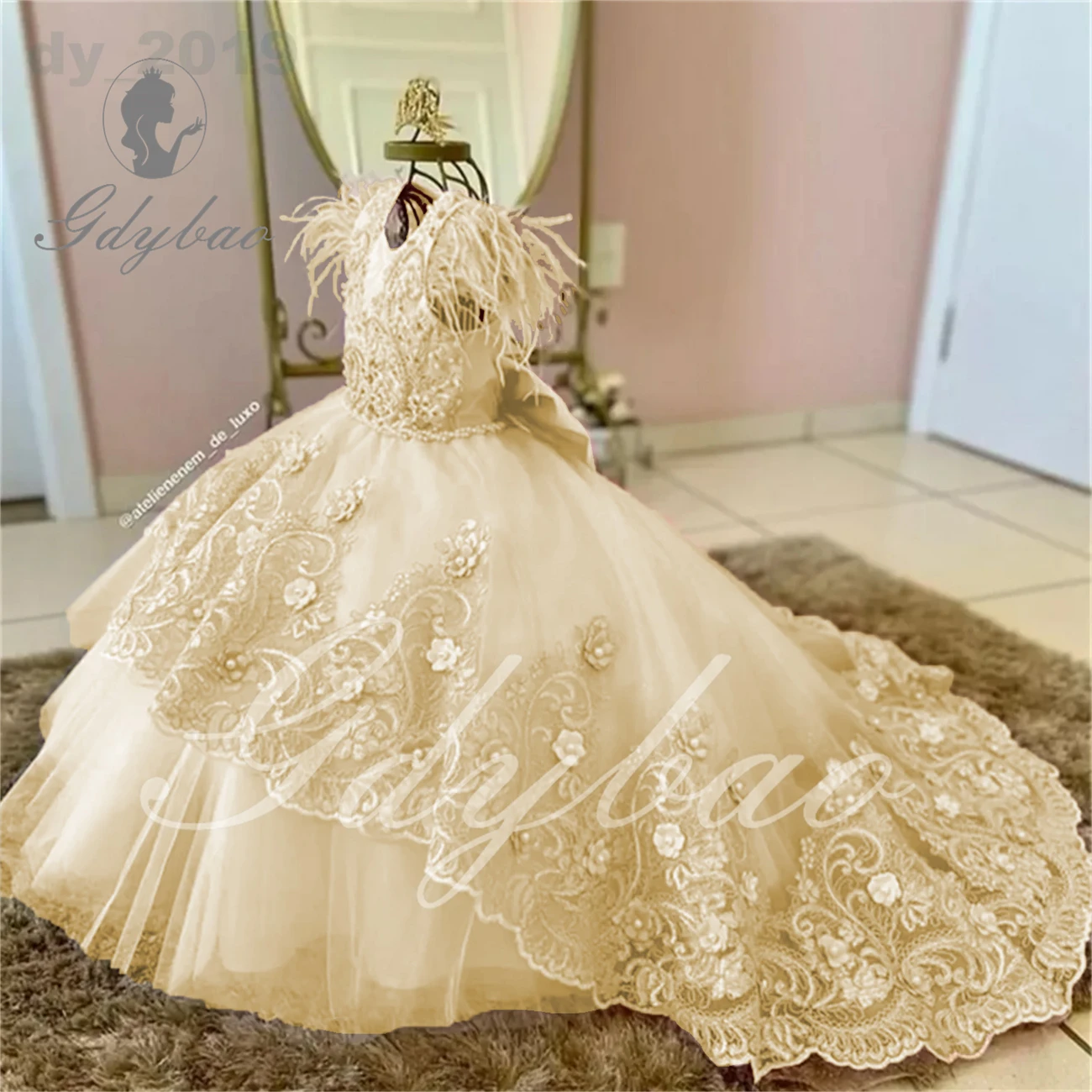 

Champagne Flower Girl Dress For Wedding Feather Applique Puffy Floor Length Princess Kids Birthday First Communion Ball Gown