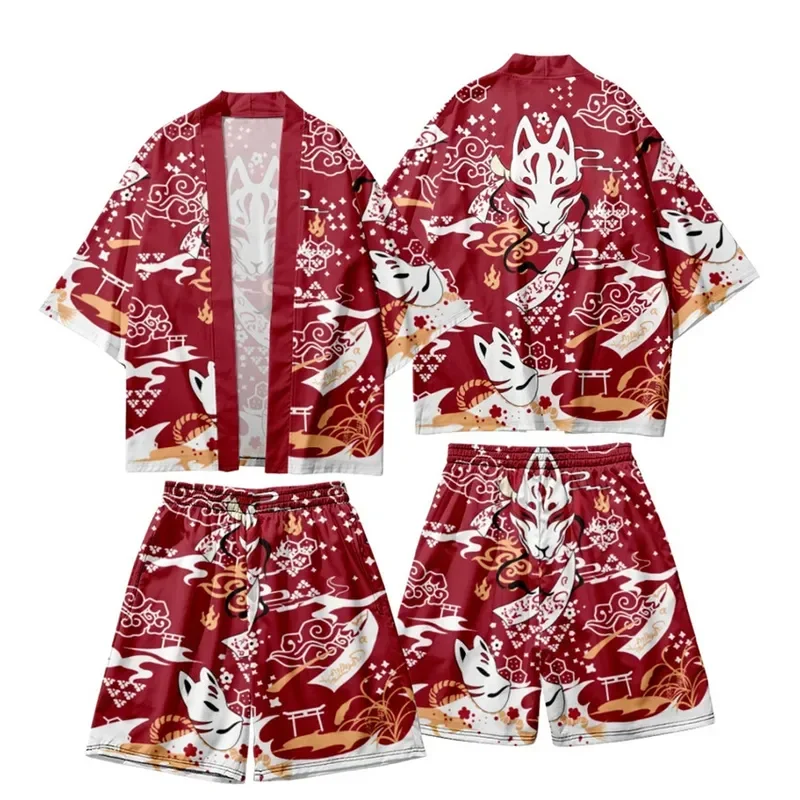 Haori yukata กางเกงขาสั้น2ชิ้นสำหรับฤดูร้อนเสื้อคาร์ดิแกนทรงหลวมสไตล์ญี่ปุ่นวินเทจเสื้อผ้าแนวสตรีทแวร์ลายดอกไม้ลายจิ้งจอก