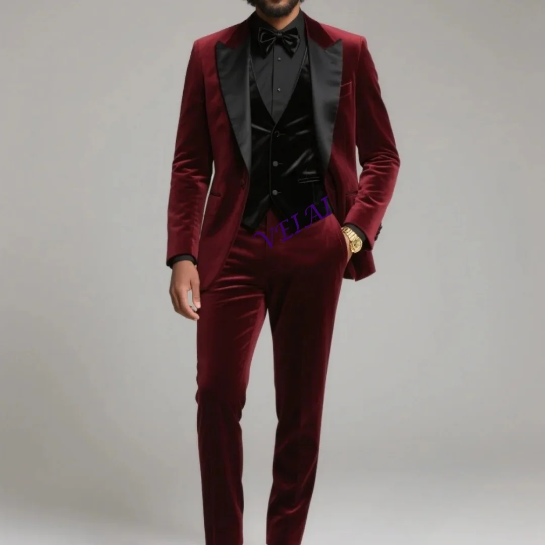 

CustomizedHigh-Quality Burgundy Velvet Men's Suit Set For Wedding & Stylish Business 3PCS Classic Men's Suit Set (Jacket, Vest,