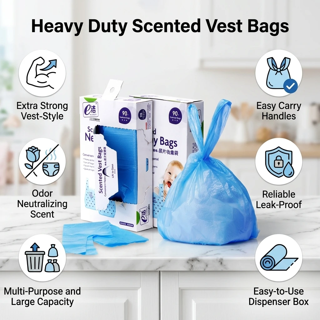 Roll Heavy Duty Trash Bags HDPE Material for Kitchen Home Use Scented Odor Lock Leakproof Vest Style Waste Bin Liners Durable