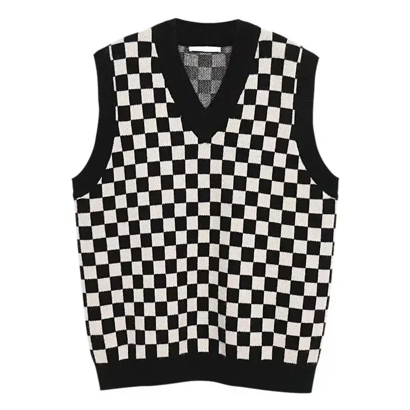 Knitted Sweaters For Men V Neck Man Clothes Plaid Black Y2k Streetwear Waistcoat Vest Sleeveless Sweat-shirt Korean Style Cheap