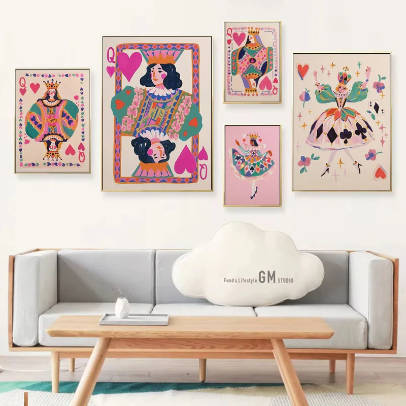 Póster artístico de naipes de Reina de corazones, colorido, minimalista, a la moda, tendencia para adolescentes, decoración p