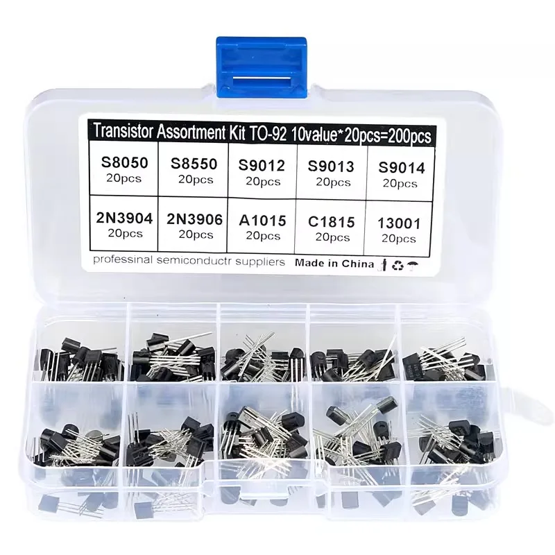 200 قطعة من الصمامات الثلاثية في 10 مواصفات، وصناديق مكونة في 15 مواصفات، بما في ذلك TO-92، 13001، S9013، وS9014