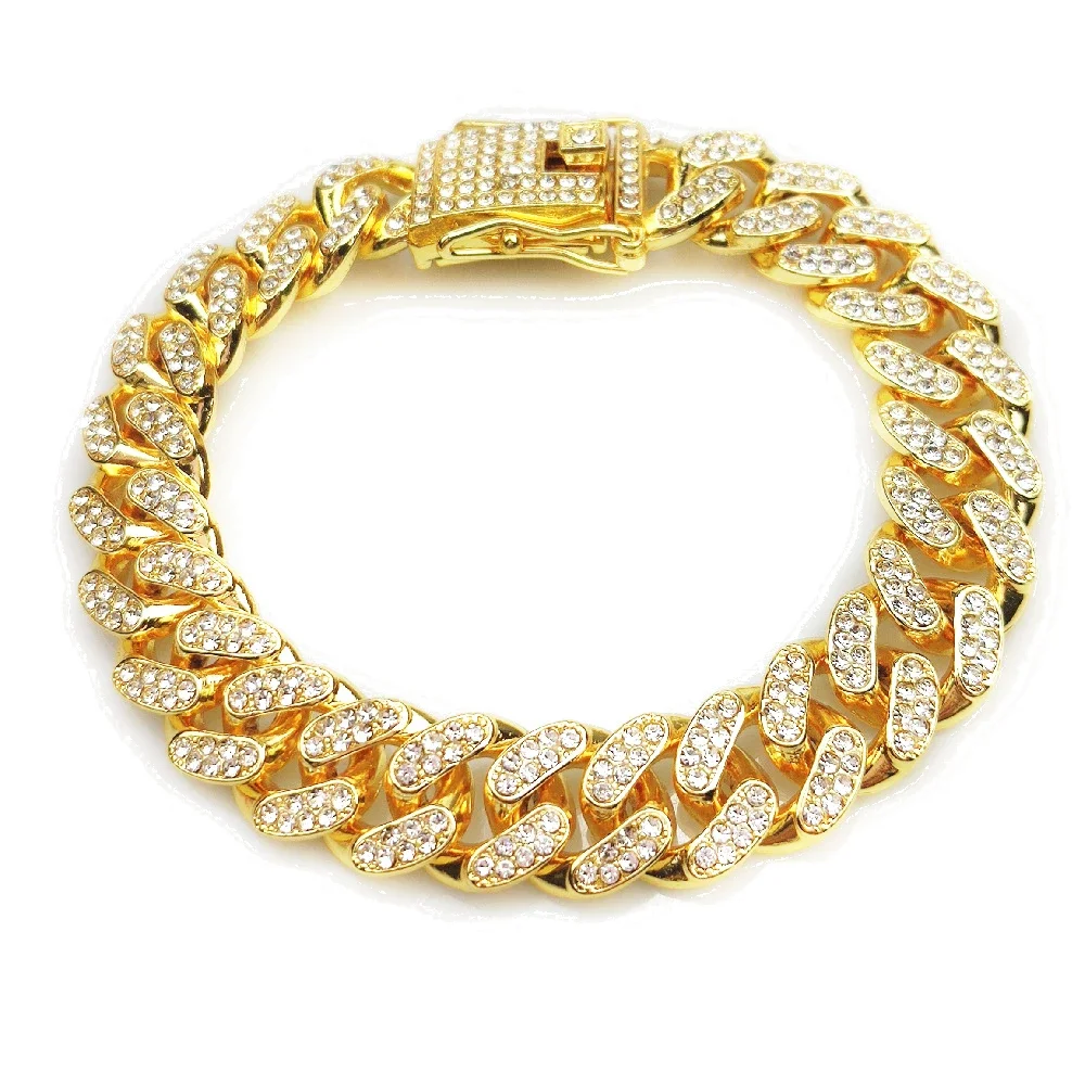 Full Crystal Stone Cuban Chain Hip Hop Bracelet For Men Silver Color Metal Link Chain Rhinestone Luck Closure Mens Bracelet image 3